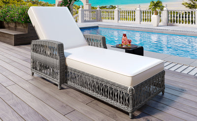 GO Outdoor Long Reclining Chaise, Wicker Lounge with Armrests, Patio Adjustable Recliner with Soft Removable Cushions, All Weather Rattan Pool Lounge for Poolside & Garden, Beige