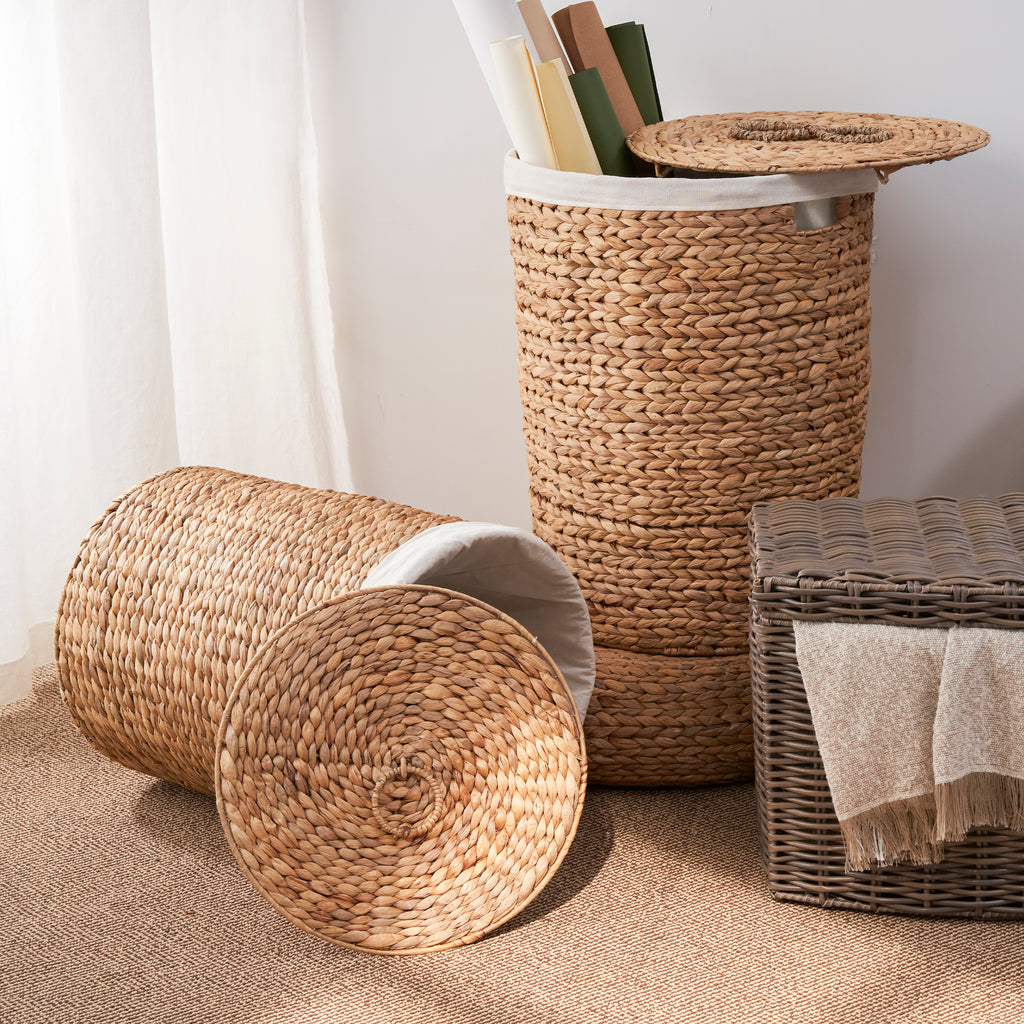 Ludmilla Round Tall Water Hyacinth Woven Wicker Laundry Hamper with Lid - For Clothes, Canvas, Toys and Book Storage with Removable Liner - 15" x 15" x 20" - Natural Brown