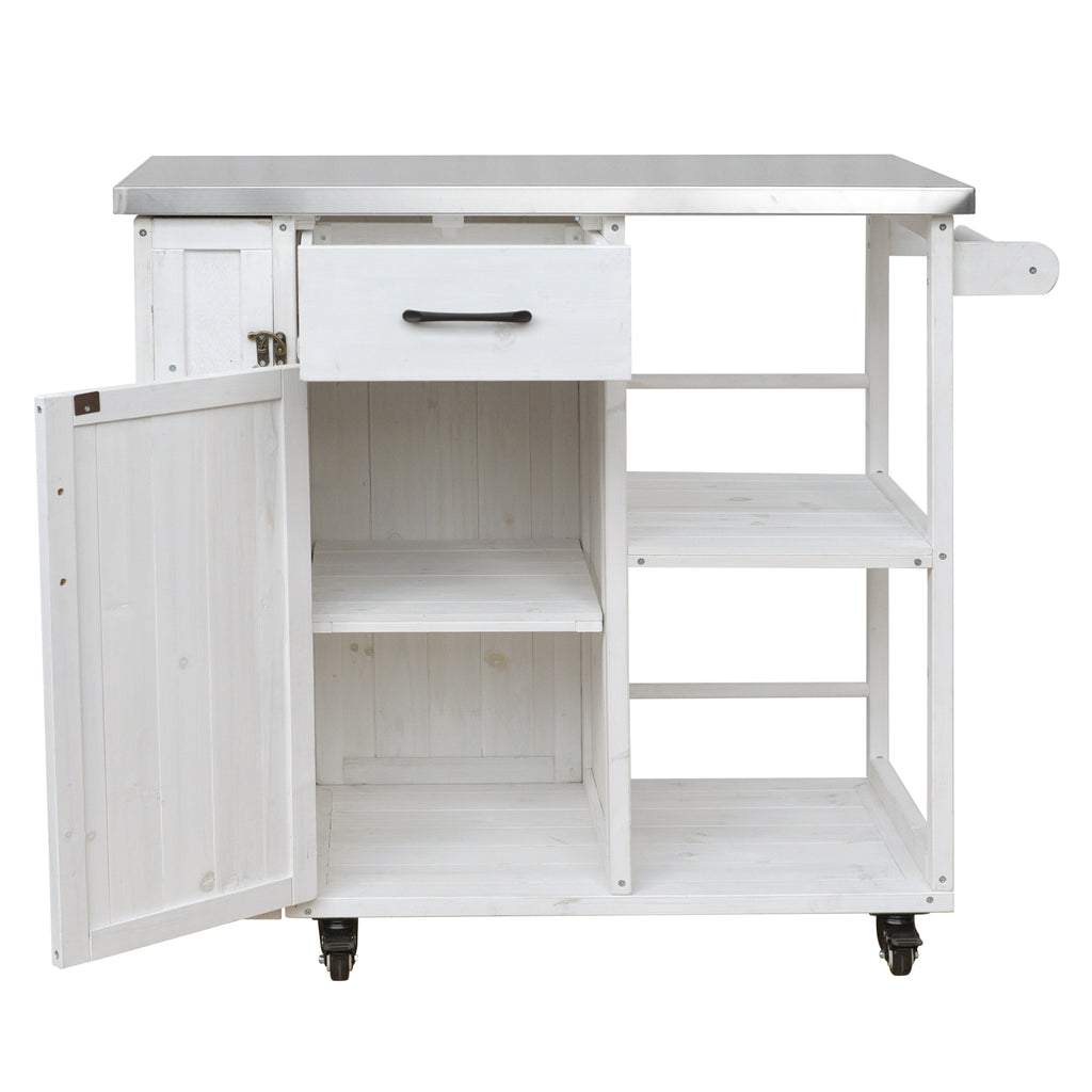 Outdoor Kitchen Island Fir Wood Prep Station Lockable Kitchen Cart with Stainless Top, Ample Storage Space, Towel and Spice Racks for Patio and Outdoor, White