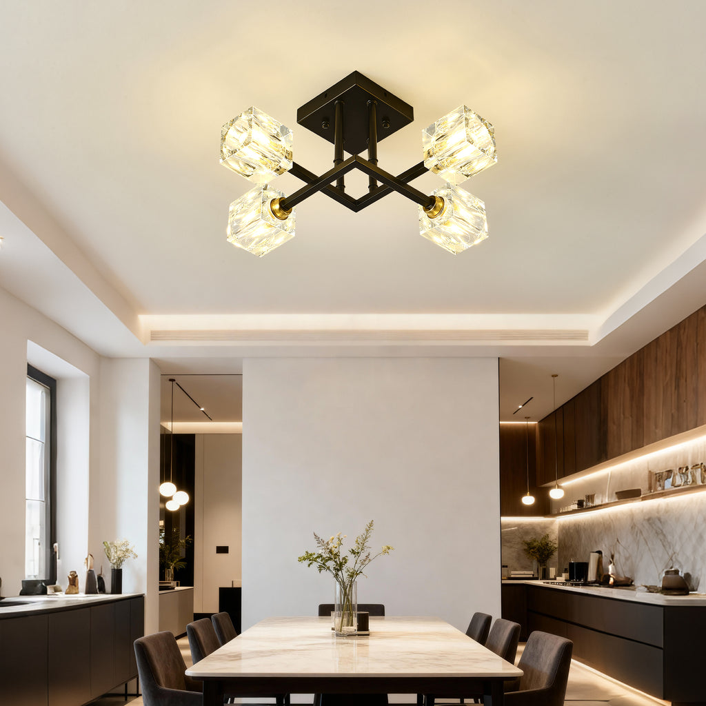 Modern Luxurious Crystal Ceiling Light, 4 Lights (BO INCLUDED Bulb) Modern Crystal Ceiling Light for Dining Room, Pendant Lamp Ceiling Lighting for Living Bedroom Hall Balcony --Matte Black