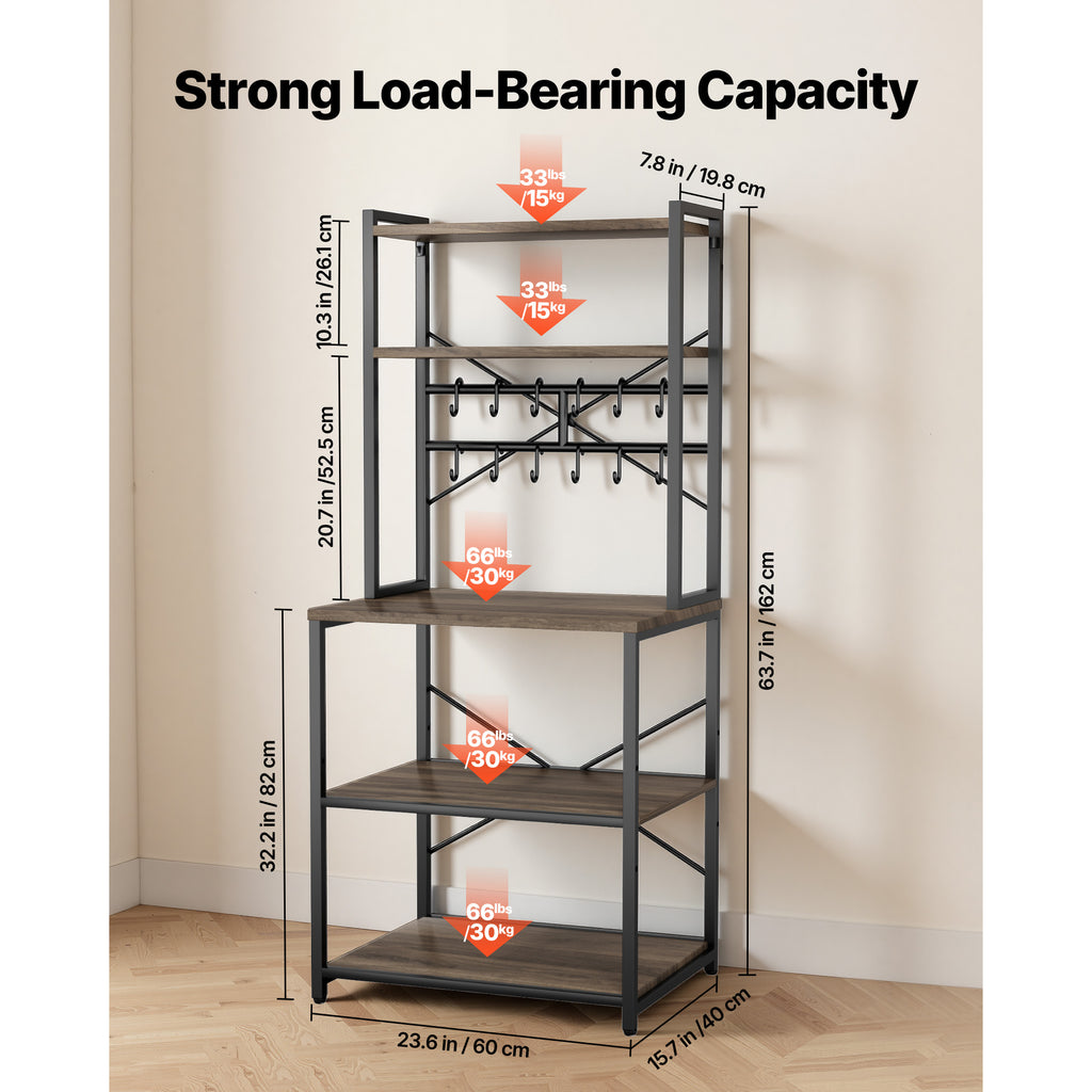 Kitchen Bakers Rack, 23.6 inch Width Bakers Rack, Kitchen Stand with X-Shaped Support Bar, 12 S-Shaped Hooks, Double-Layer Top Shelf, Coffee Bar Stand for Dishes & Bowls, Spice Bottles