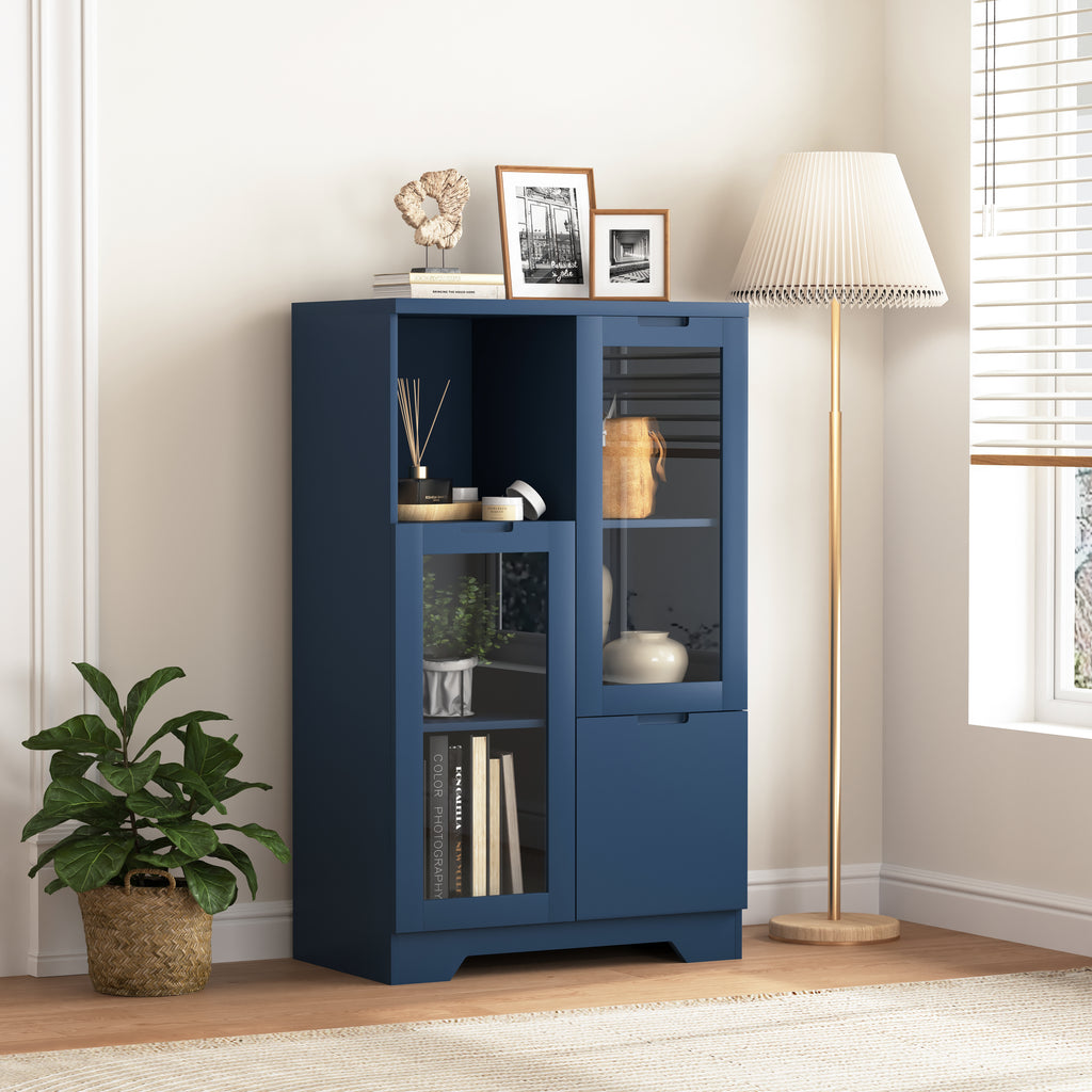 MDF painted Cabinet with Glass Doors and drawer, open storage space, Navy Blue, Bedroom, Living room