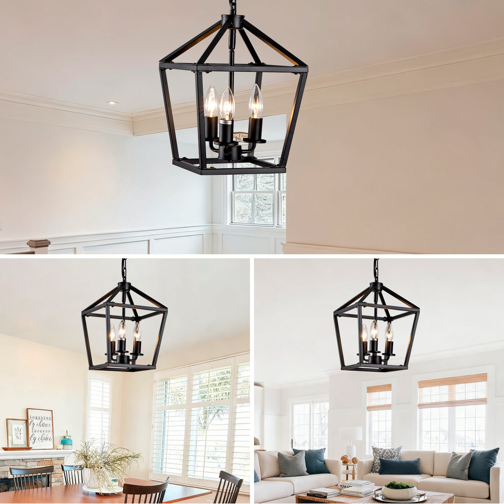 Farmhouse Lantern Chandelier 3-Light, Industrial Black Ceiling Light Fixture with Rustic Open Cage and Adjustable Hanging Height, E12 Base for Kitchen Island, Dining Room, Entryway, Foyer