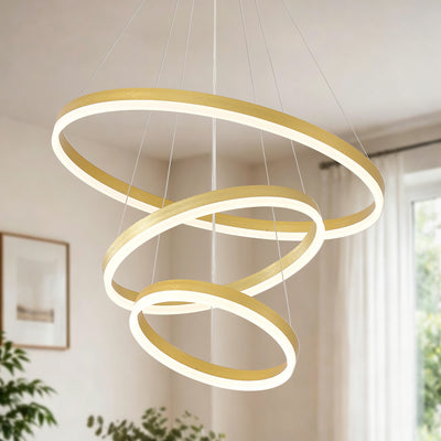 Modern Gold Led Chandelier 3 Rings Gold Dimmable  LED Chandeliers Light Fixture for Kitchen Island Height Adjustable Chandelier Led Pendant Light for Dining Room Bedroom Living Room