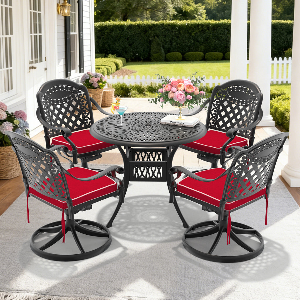 Ø35.43-inch Cast Aluminum Patio Dining Table With Black Frame and Umbrella Hole (same sku: W171084475,W1710P497717)