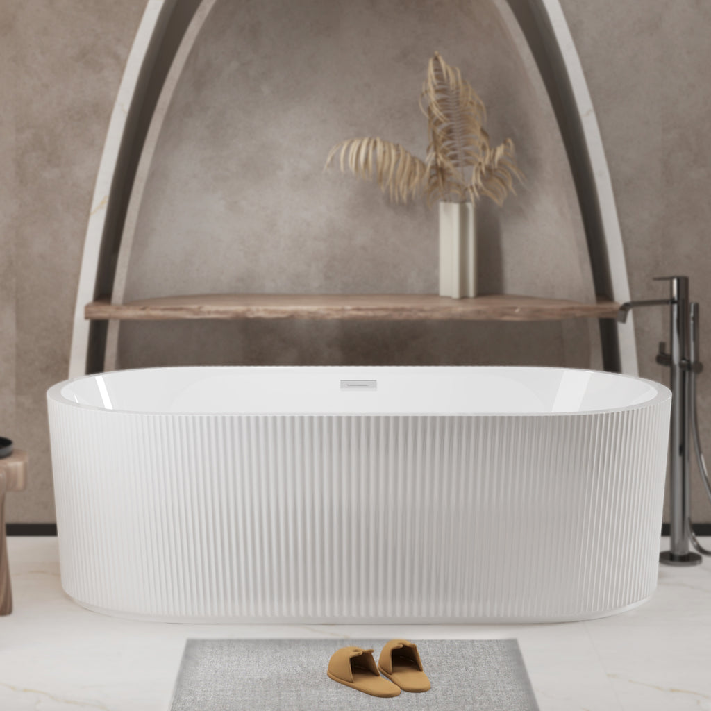 59"Linear AcrylicFreestanding Bathtub Stand Alone Soaker Tub, Glossy White Acrylic, POP-UP Chrome Drain, cUPC Certified