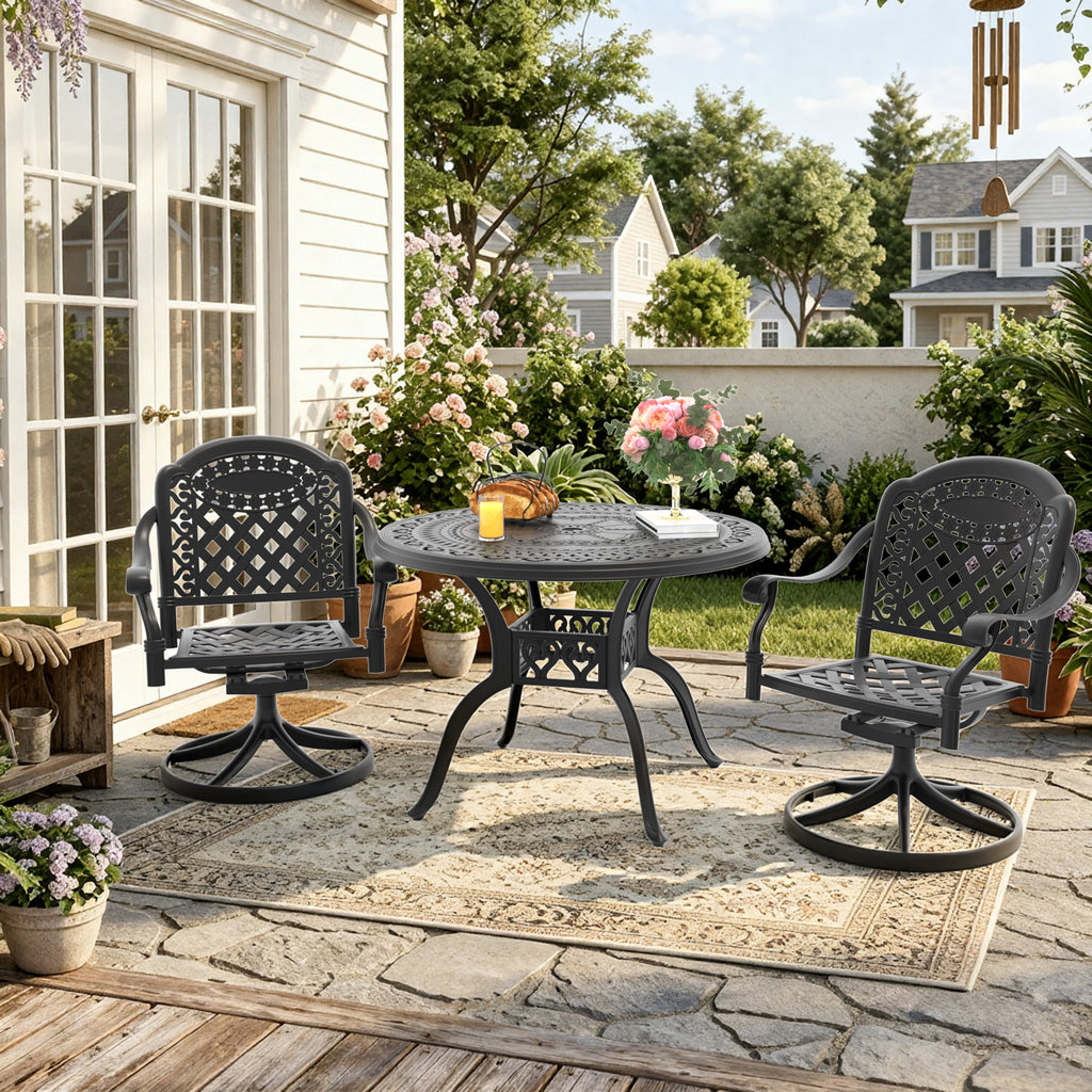 Ø39.37-inch Cast Aluminum Patio Dining Table With Black Frame and Umbrella Hole (same sku: W171084477)