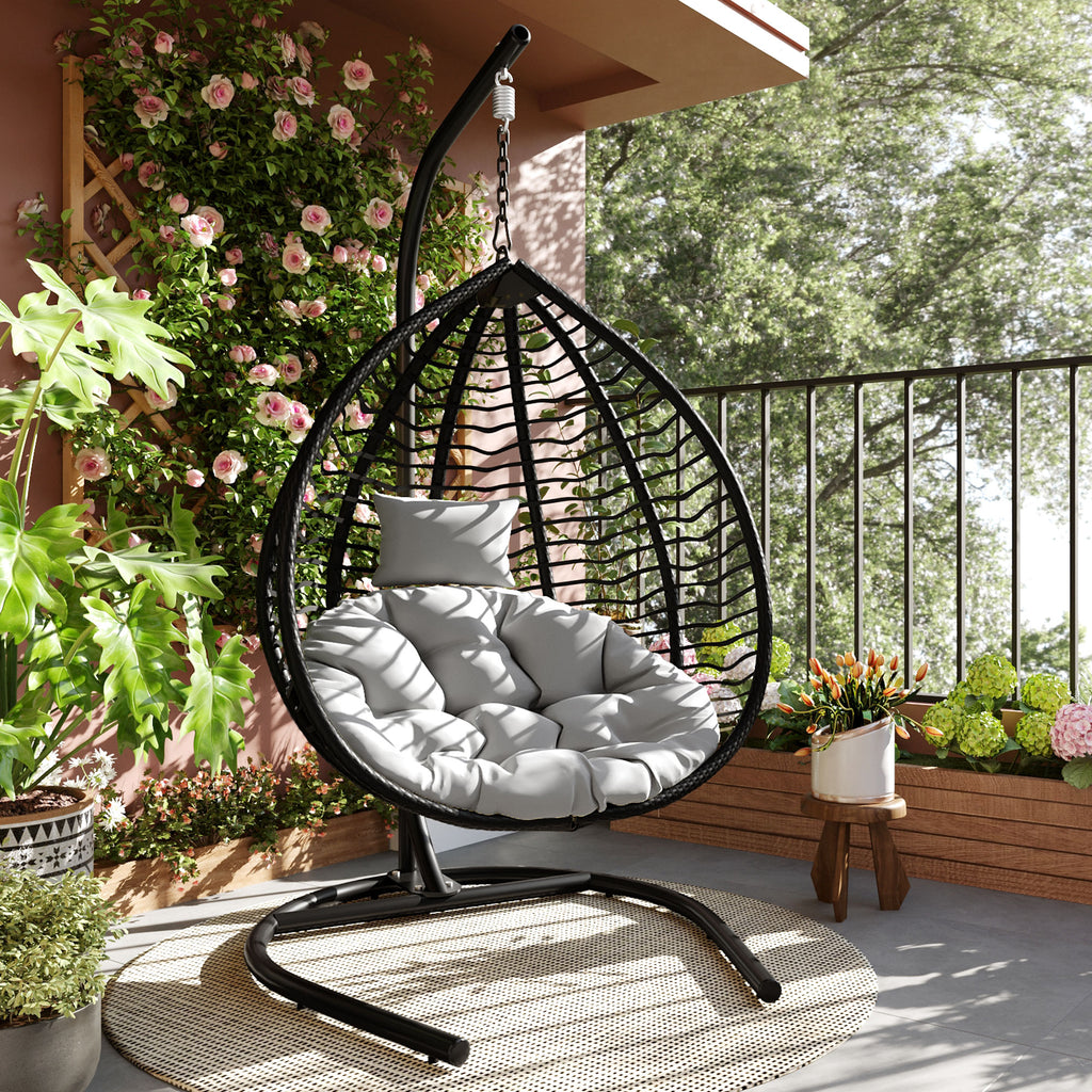 U_STYLE Indoor Outdoor Hanging Hammock Chair with Stand, Foldable Rattan Egg Swing Chair with Iron Frame and Plush Cushion & Removable Headrest,Suitable for Porch Garden,Balcony,Indoor