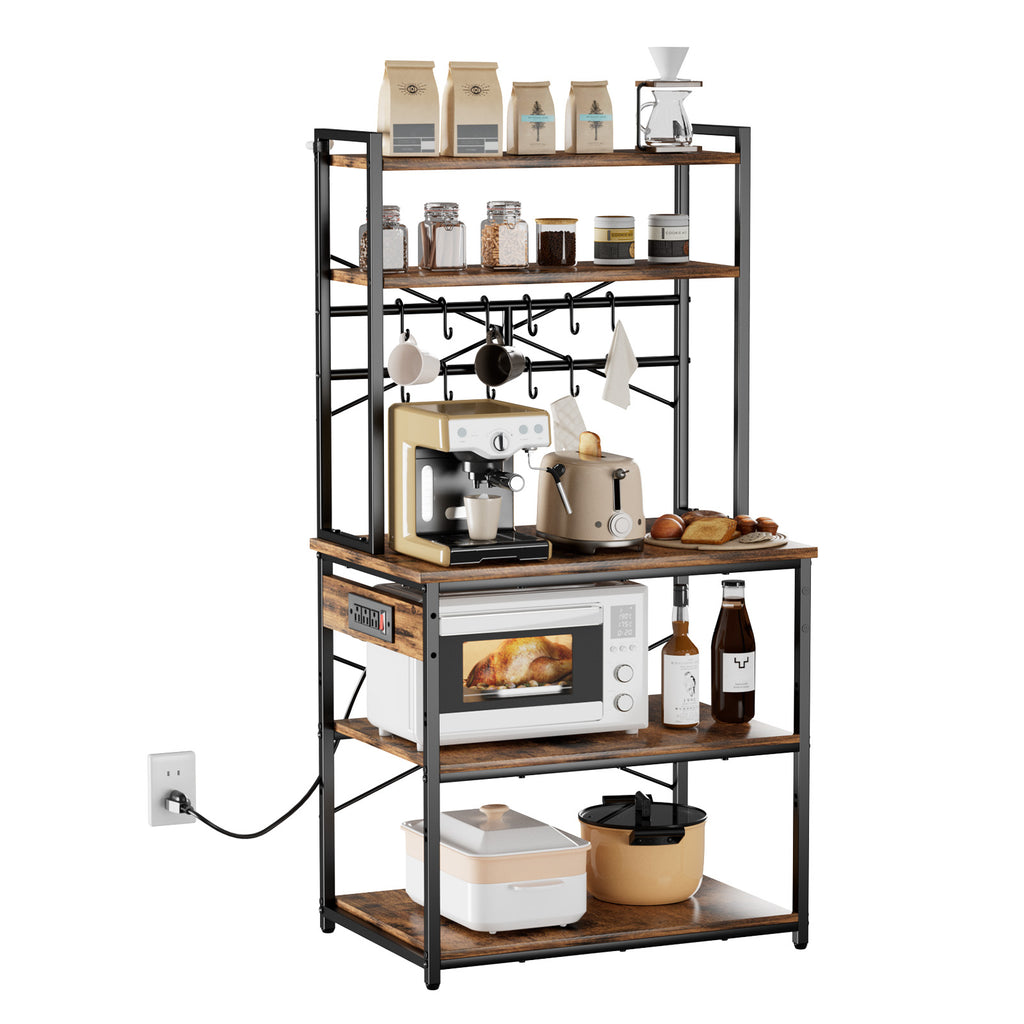 Kitchen Bakers Rack, 5 ft Power Cable Bakers Rack with Power Outlet, Kitchen Stand with X-Shaped Support Bar, 12 S-Shaped Hooks, Coffee Bar Stand for Dishes, Spice Bottles, Built-In Power Strip