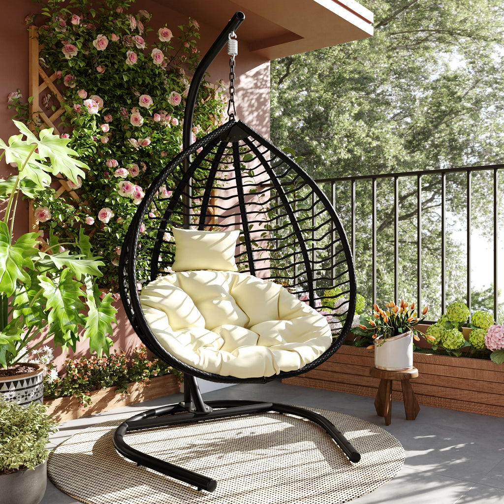 U_STYLE Indoor Outdoor Hanging Hammock Chair with Stand, Foldable Rattan Egg Swing Chair with Iron Frame and Plush Cushion & Removable Headrest,Suitable for Porch Garden,Balcony,Indoor