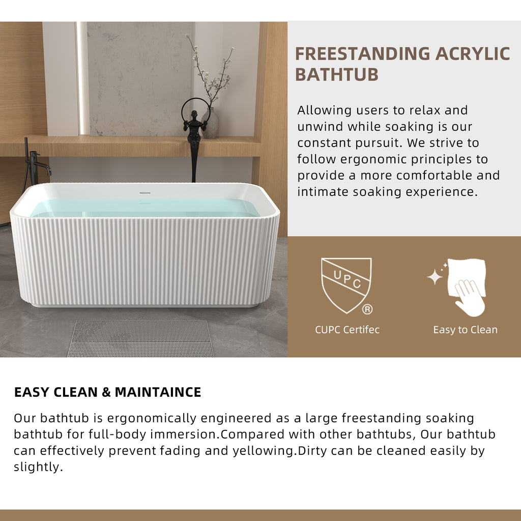 59"Rectangle Linear Acrylic Freestanding Bathtub Stand Alone Soaker Tub, Glossy White Acrylic, POP-UP Chrome Drain, cUPC Certified,