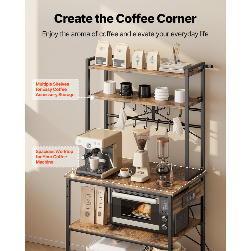 Kitchen Bakers Rack, 5 ft Power Cable Bakers Rack with Power Outlet, Kitchen Stand with X-Shaped Support Bar, 12 S-Shaped Hooks, Coffee Bar Stand for Dishes, Spice Bottles, Built-In Power Strip