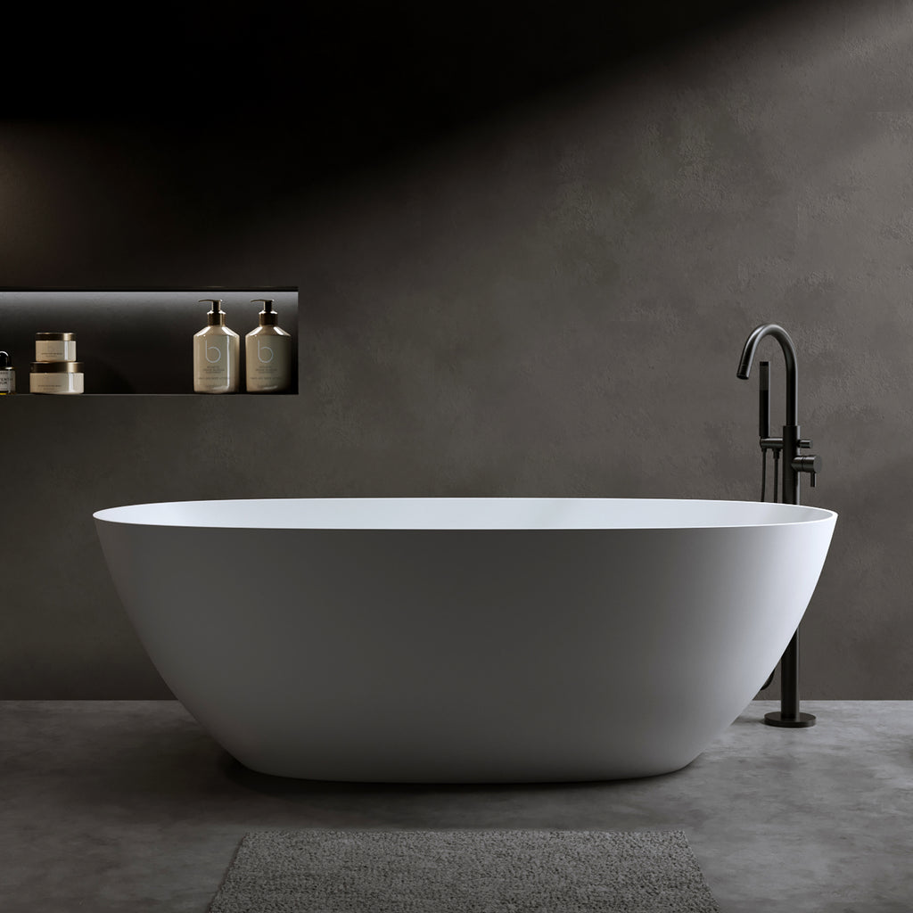 61'' Freestanding Bathtub Resin Stone Soaking Bathtub Solid Surface Modern Tubs with Overflow and Pop-up Drain in White