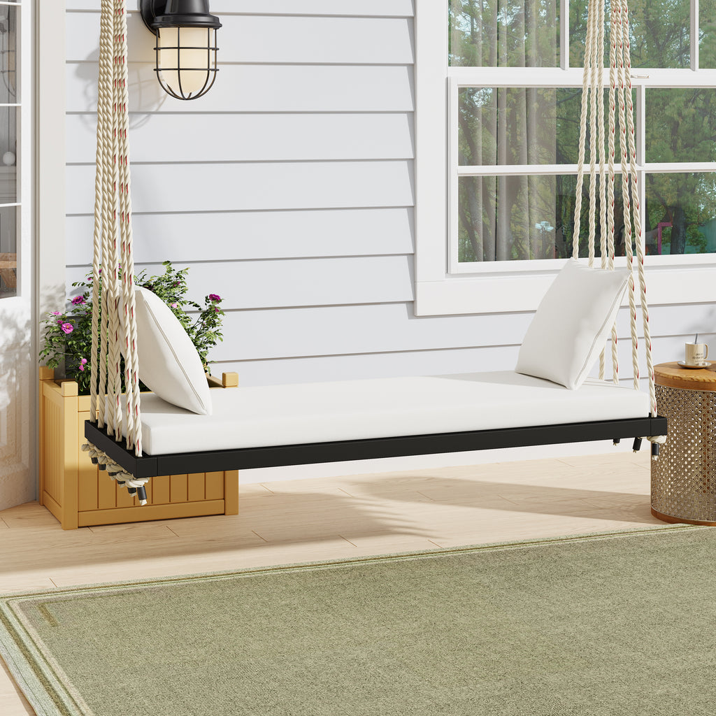 TOPMAX Patio Wooden Swing Chair, Hanging Porch Swing Bench with Cushion&Pillows, 10.8Ft Hemp Ropes for Garden,Backyard, Lawn,Gray