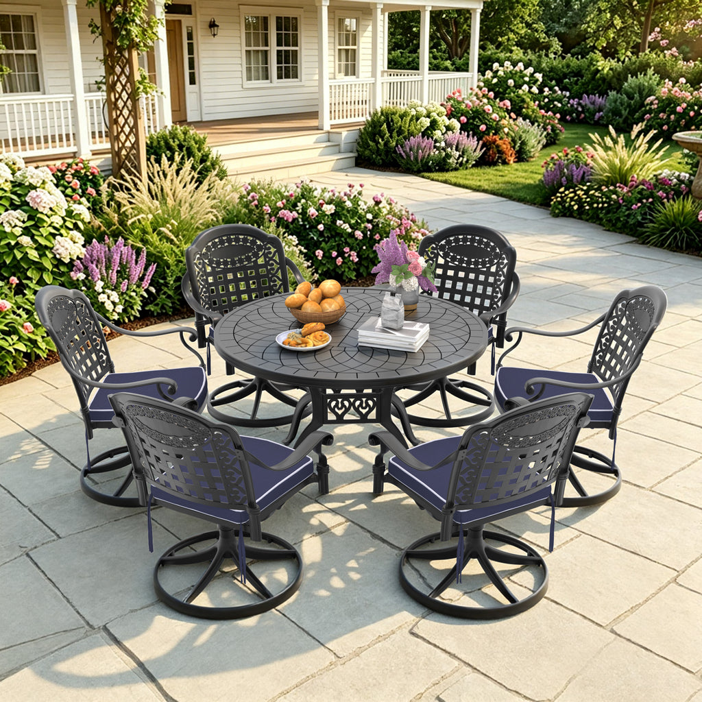 Ø47.24-inch Cast Aluminum Patio Dining Table With Black Frame and Carved Texture on the Tabletop (same sku: W171084479)