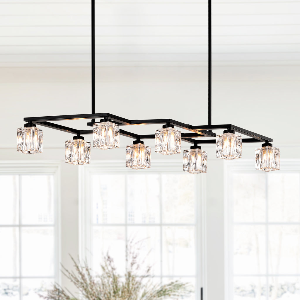 Matte Black Crystal  Chandelier for Dining Room, 8-Light Kitchen Chandelier Light Fixture Modern Metal Industrial  Chandeliers for Farmhouse Entryway Living Room (8*G9 Bulbs Included)