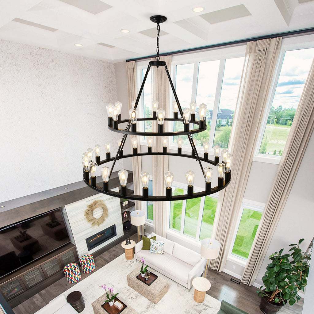 52 Inch Black Extra Large Wagon Wheel Chandelier, 2 Tier 36-Lights (24+12) +(12+24) Farmhouse Industrial Round High Ceiling Pendant Light Adjustable Chain, for Dining Room, Living Room,Kitchen