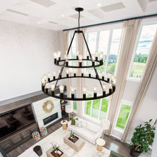 Load image into Gallery viewer, 52 Inch Black Extra Large Wagon Wheel Chandelier, 2 Tier 36-Lights (24+12) +(12+24) Farmhouse Industrial Round High Ceiling Pendant Light Adjustable Chain, for Dining Room, Living Room,Kitchen