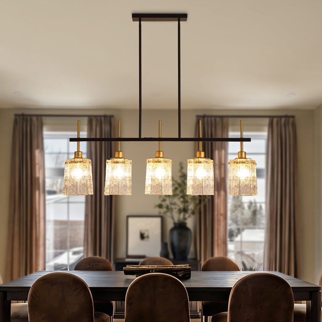 Modern 5-Light Black and Gold Chandelier, Textured Glass Pendant Light with Electroplated Gold Finish for Living Room Dining Room Not Including the Bulb