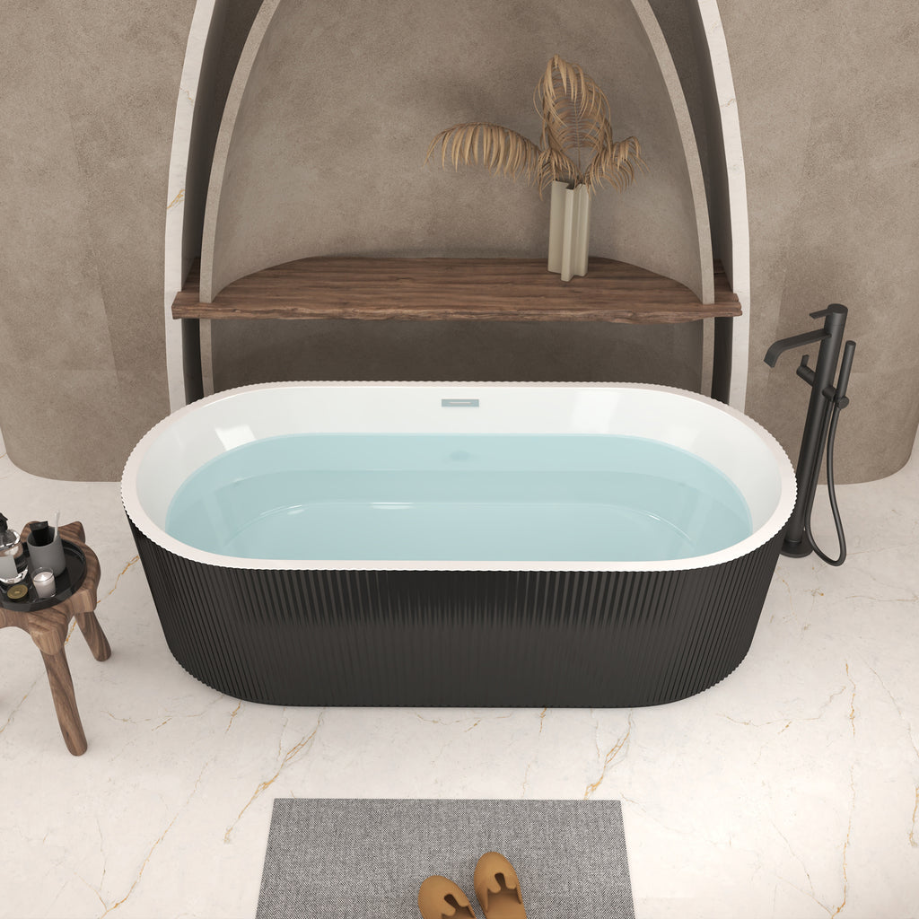 59"Linear AcrylicFreestanding Bathtub Stand Alone Soaker Tub, Glossy White Acrylic, POP-UP Chrome Drain, cUPC Certified