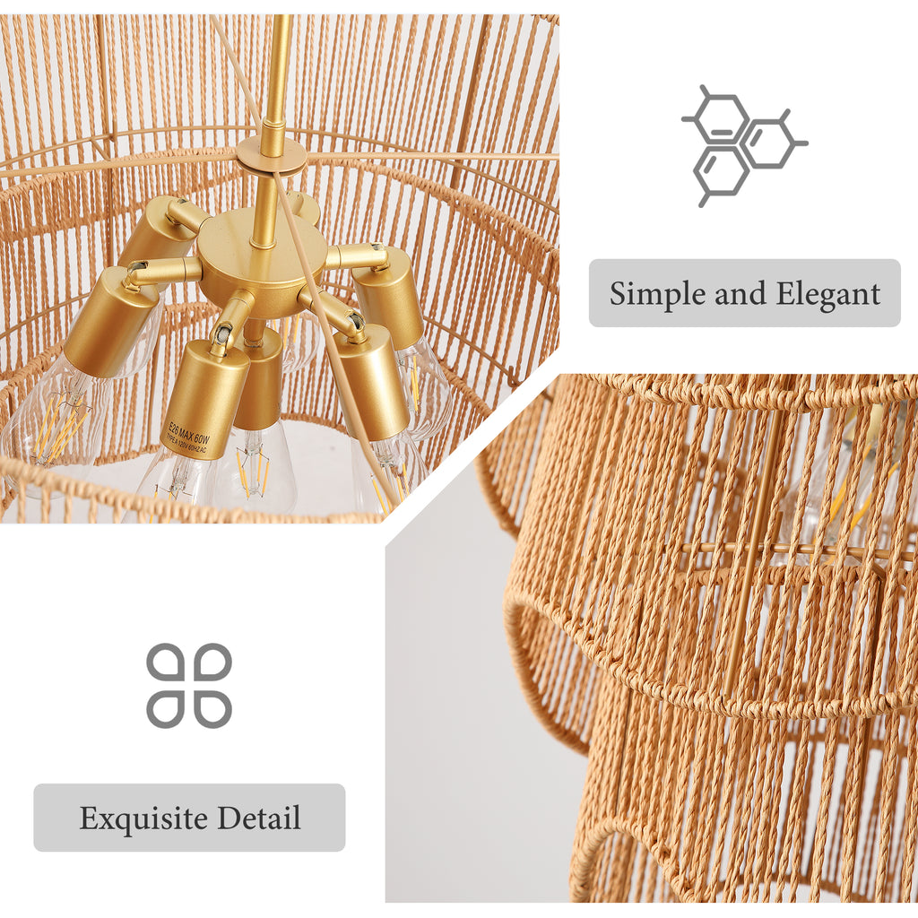 Handwoven Paper Rattan Boho Chandelier with 7-Light E26 Base, 60cm Adjustable Height Wave Pendant Light for Living Room, Sloped Ceiling Compatible, Sturdy Metal Hardware, Warm Glow for Dining Room