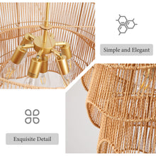 Load image into Gallery viewer, Handwoven Paper Rattan Boho Chandelier with 7-Light E26 Base, 60cm Adjustable Height Wave Pendant Light for Living Room, Sloped Ceiling Compatible, Sturdy Metal Hardware, Warm Glow for Dining Room