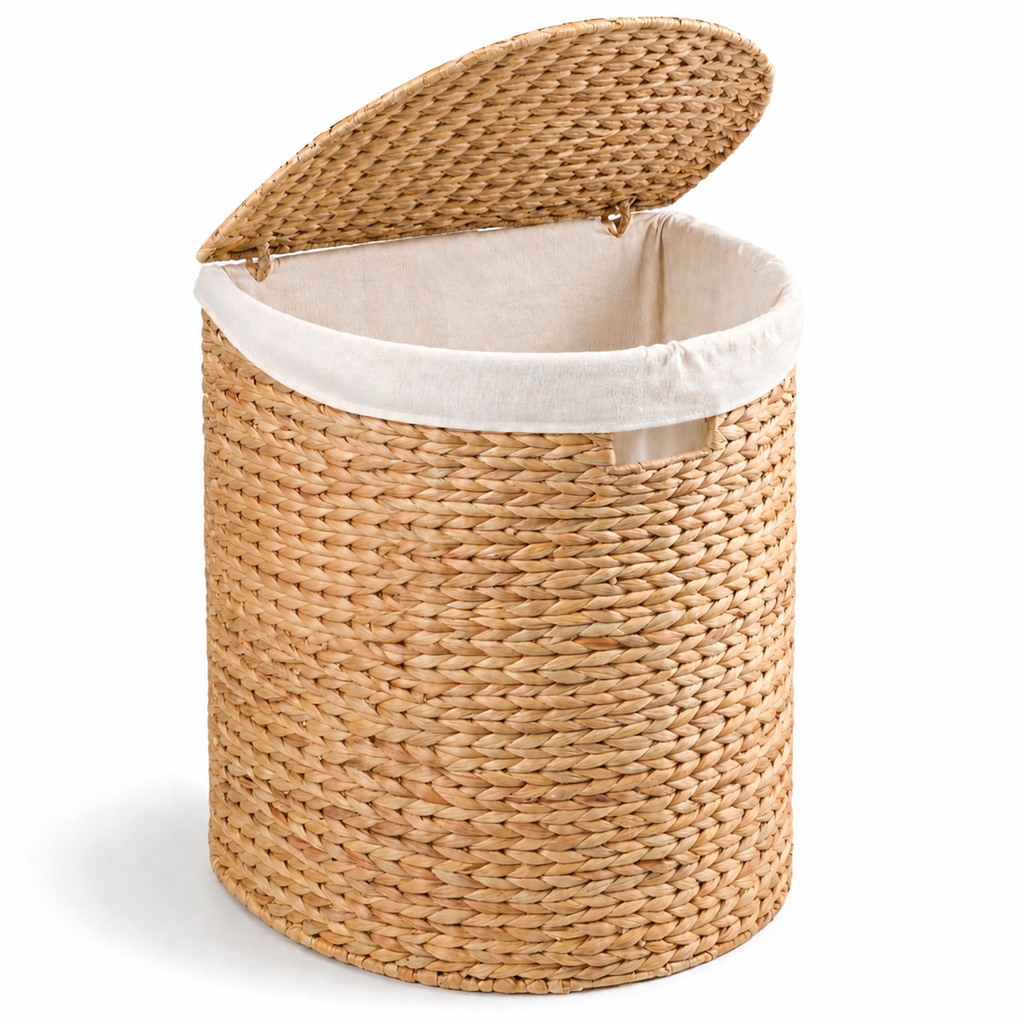 Ludmilla Round Tall Water Hyacinth Woven Wicker Laundry Hamper with Lid - For Clothes, Canvas, Toys and Book Storage with Removable Liner - 15" x 15" x 20" - Natural Brown