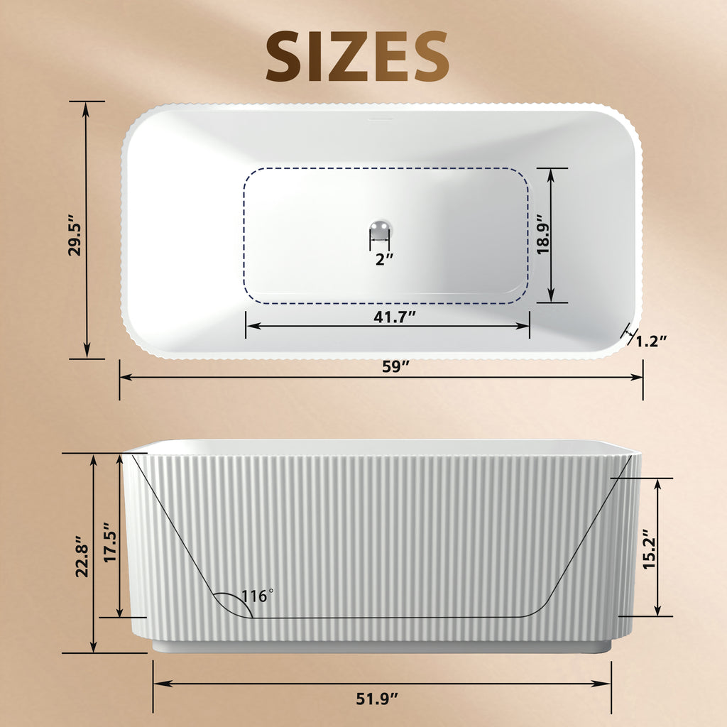59"Rectangle Linear Acrylic Freestanding Bathtub Stand Alone Soaker Tub, Glossy White Acrylic, POP-UP Chrome Drain, cUPC Certified,
