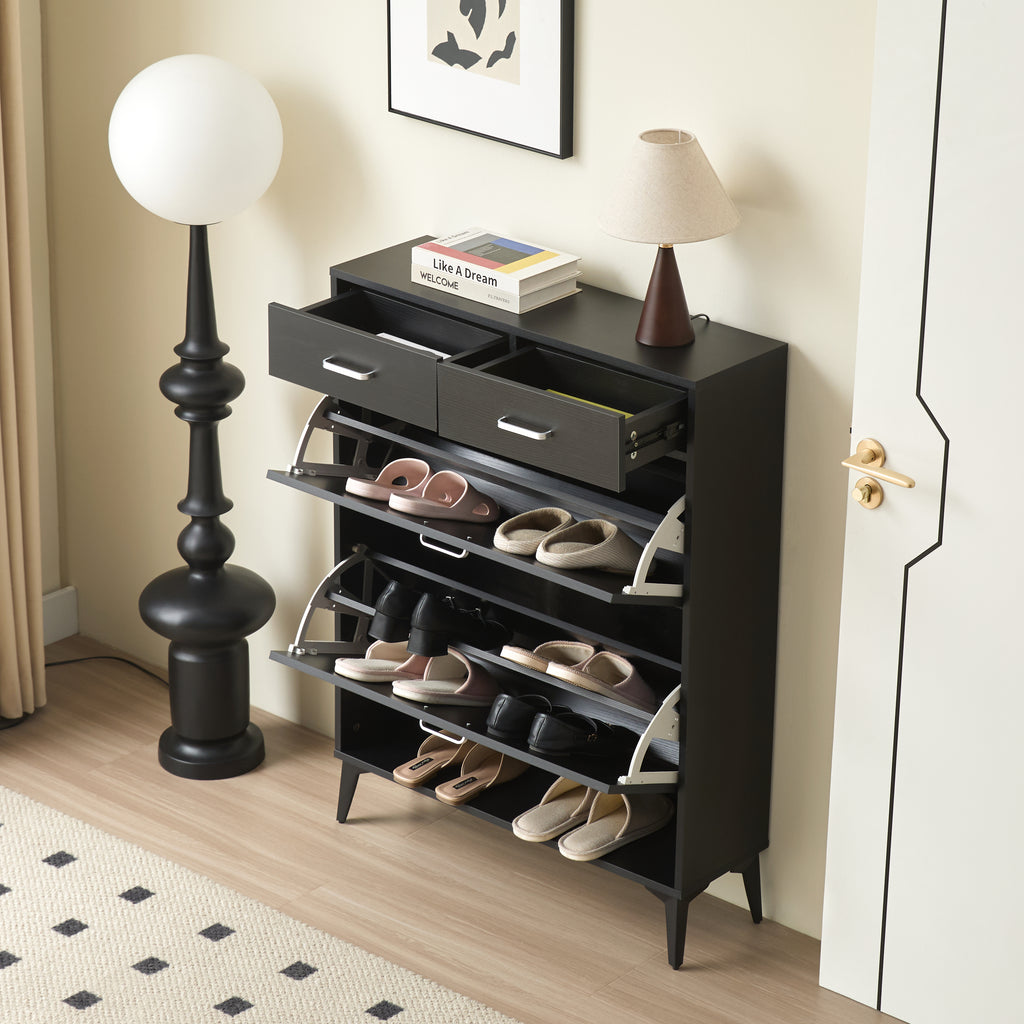 Large size Shoe Cabinet,Free Standing Tipping Bucket Shoe Rack Organizer with 2 Flip Drawers&2 Drawer,Modern Tipping Bucket for Entryway,Hallway,Bedroom-black
