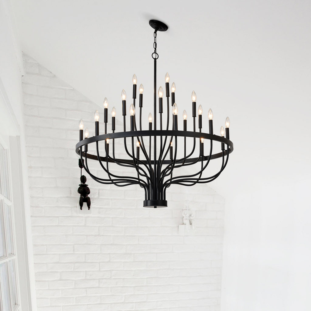 24-Light Black Chandelier Industrial Iron Candle Chandelier Modern Suspended Farmhouse Chandeliers Pendant Light Fixtures for Dining Room Bedroom Living Room Kitchen Island Foyer E12 Bulb (NO Include)