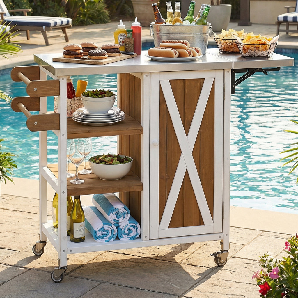 Outdoor Kitchen Island Fir Wood Prep Station Lockable Kitchen Cart with Stainless Top, Ample Storage Space, Towel and Spice Racks for Patio and Outdoor, White