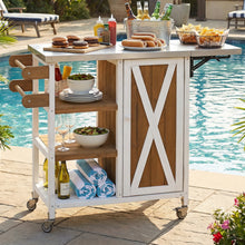 Load image into Gallery viewer, Outdoor Kitchen Island Fir Wood Prep Station Lockable Kitchen Cart with Stainless Top, Ample Storage Space, Towel and Spice Racks for Patio and Outdoor, White