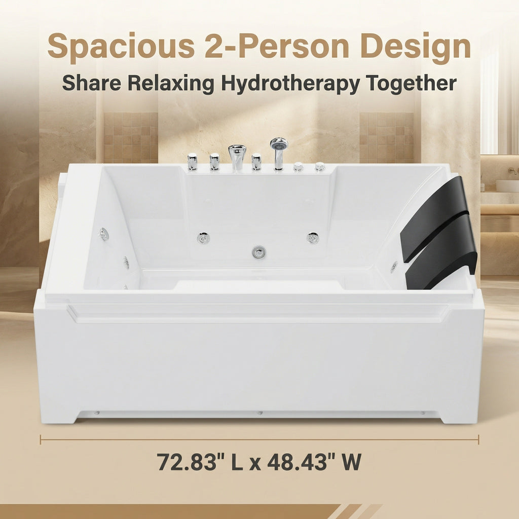X-031 Whirlpool Tub,73" x 48" Jetted Bathtub for 2 Person, Hydro Massage & Chromatherapy,UL Certified,UPC Certified,3 Sided Apron,Acrylic ,110 Gallons,Left Drain