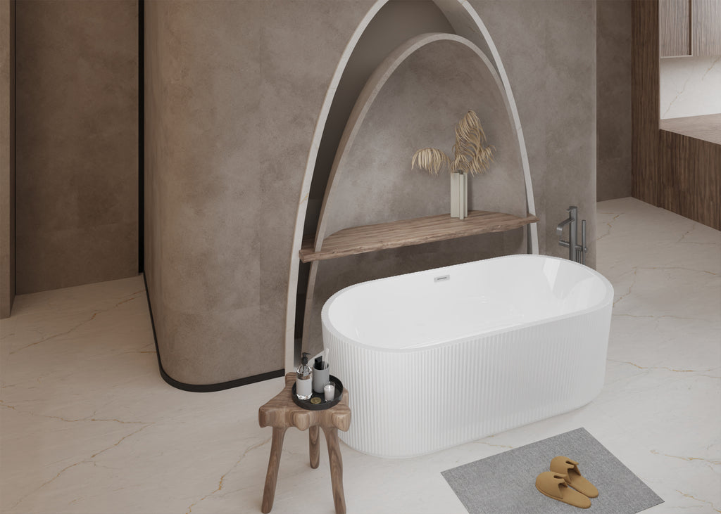 59"Linear AcrylicFreestanding Bathtub Stand Alone Soaker Tub, Glossy White Acrylic, POP-UP Chrome Drain, cUPC Certified