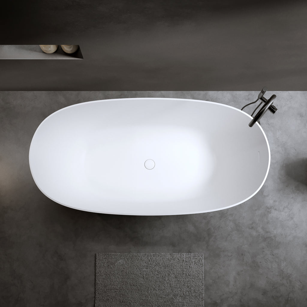 61'' Freestanding Bathtub Resin Stone Soaking Bathtub Solid Surface Modern Tubs with Overflow and Pop-up Drain in White