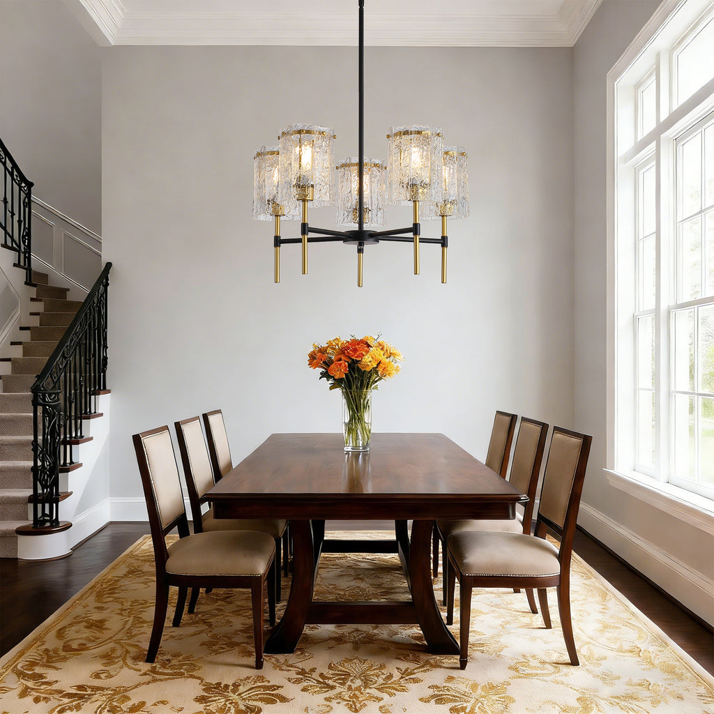 Modern 5-Light Black and Gold Chandelier, Textured Glass Pendant Light with Electroplated Gold Finish for Living Room Dining Room Not Including the Bulb