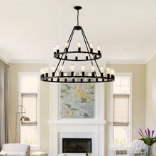 Load image into Gallery viewer, 52 Inch Black Extra Large Wagon Wheel Chandelier, 2 Tier 36-Lights (24+12) +(12+24) Farmhouse Industrial Round High Ceiling Pendant Light Adjustable Chain, for Dining Room, Living Room,Kitchen
