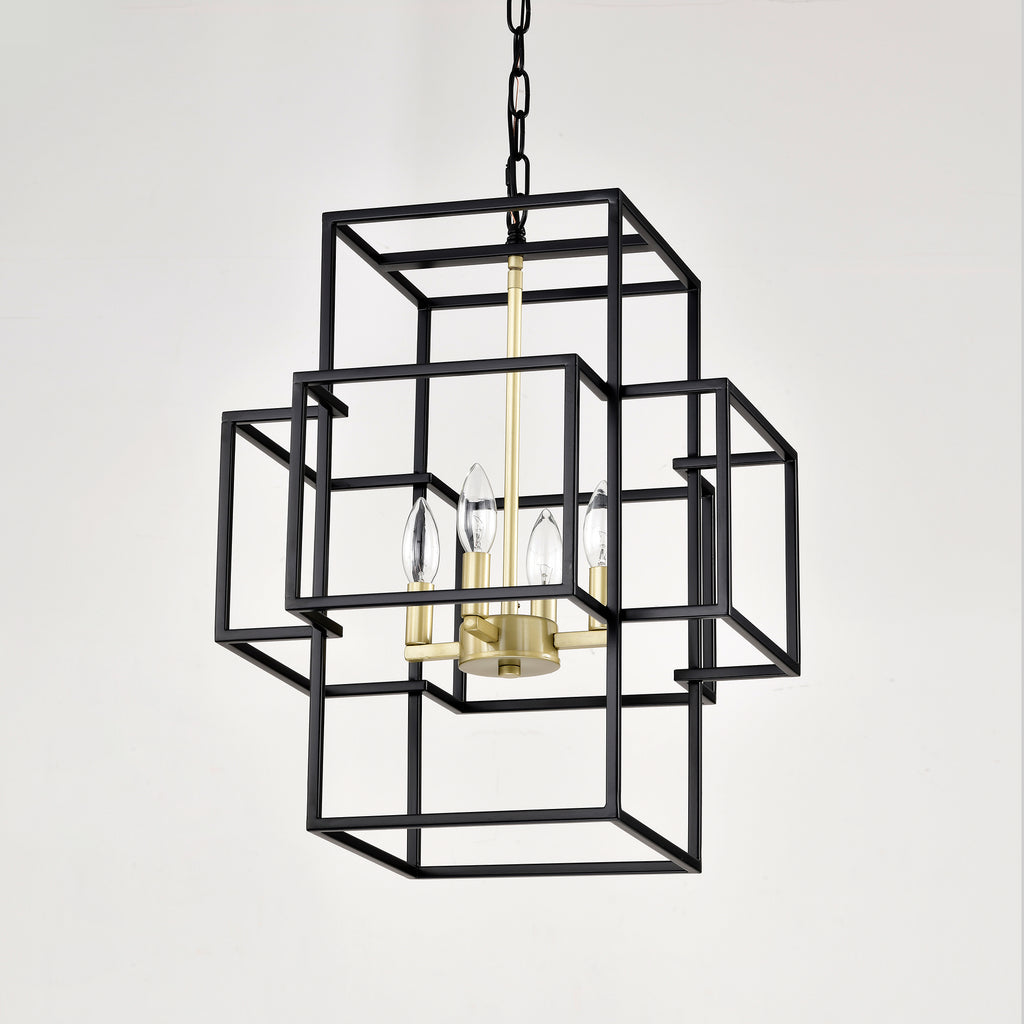 4-Light Metal Lantern Tiered Pendant Hanging Light Fixtures, Industrial Farmhouse Adjustable Height  Chandeliers for Dining Room Hallway Foyer Entryway--Matte Black & Gold (E12 Bulbs Not Included)