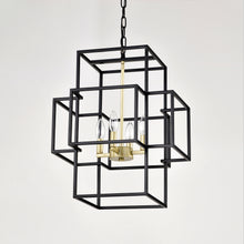 Load image into Gallery viewer, 4-Light Metal Lantern Tiered Pendant Hanging Light Fixtures, Industrial Farmhouse Adjustable Height  Chandeliers for Dining Room Hallway Foyer Entryway--Matte Black &amp; Gold (E12 Bulbs Not Included)
