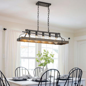 34-Inch Black Gold Vintage Pendant Light, 5 E26 Bulb Sockets, Adjustable Chain Height – Antique Style Chandelier for Dining Room, Kitchen, or Living Room (Bulb Not Included)