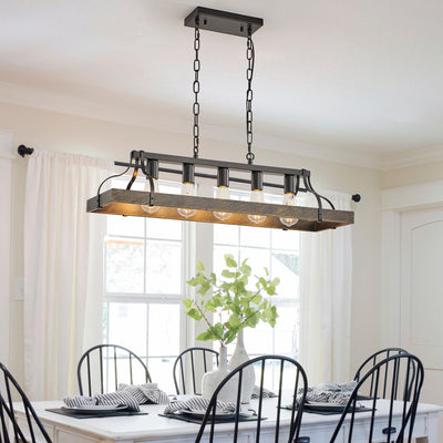 34-Inch Black Gold Vintage Pendant Light, 5 E26 Bulb Sockets, Adjustable Chain Height – Antique Style Chandelier for Dining Room, Kitchen, or Living Room (Bulb Not Included)