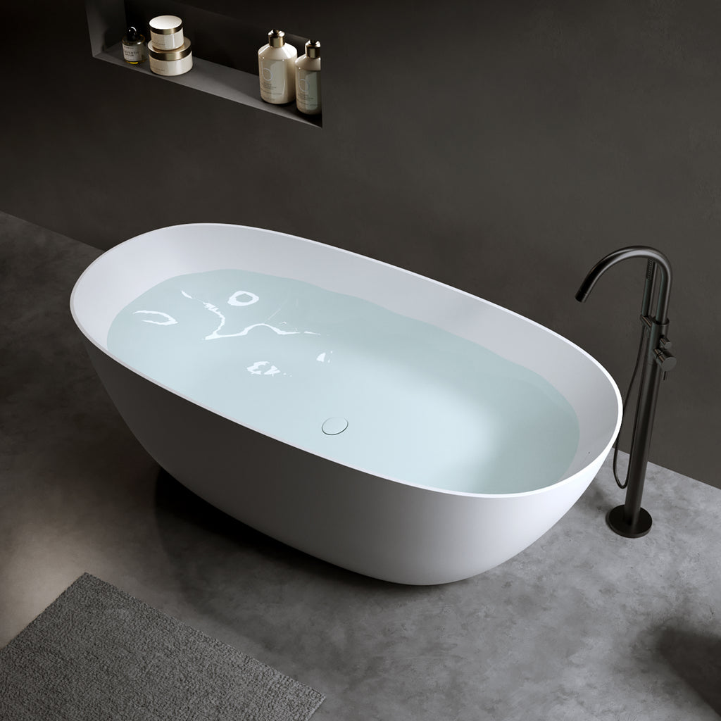61'' Freestanding Bathtub Resin Stone Soaking Bathtub Solid Surface Modern Tubs with Overflow and Pop-up Drain in White