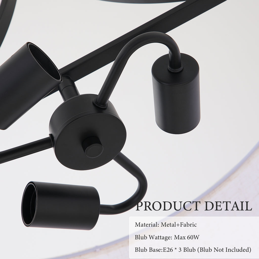 Modern 3-Light Fabric Pendant Light, Black Adjustable Drum Chandelier, Matte Black Fabric Shade Ceiling Light Fixture for Dining Room Living Room Bedroom