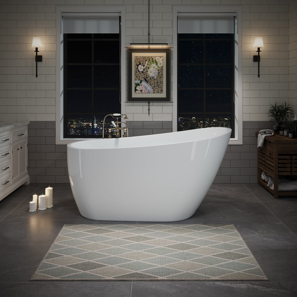 55" Acrylic Freestanding Bathtub, Deep Soaking Contemporary Stand Alone Bath Tub with Pop-up Drain & Integrated Overflow, Chrome-Finish Drain Cover, Glossy White GF-26A04-55