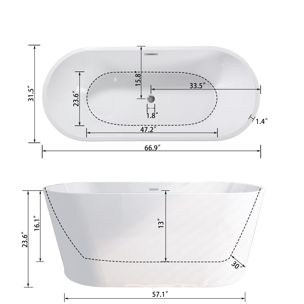 67" Acrylic Freestanding Bathtub, stand alone bathroom tub, Glossy White, Toe-tap Chrome Drain, cUPC Certified