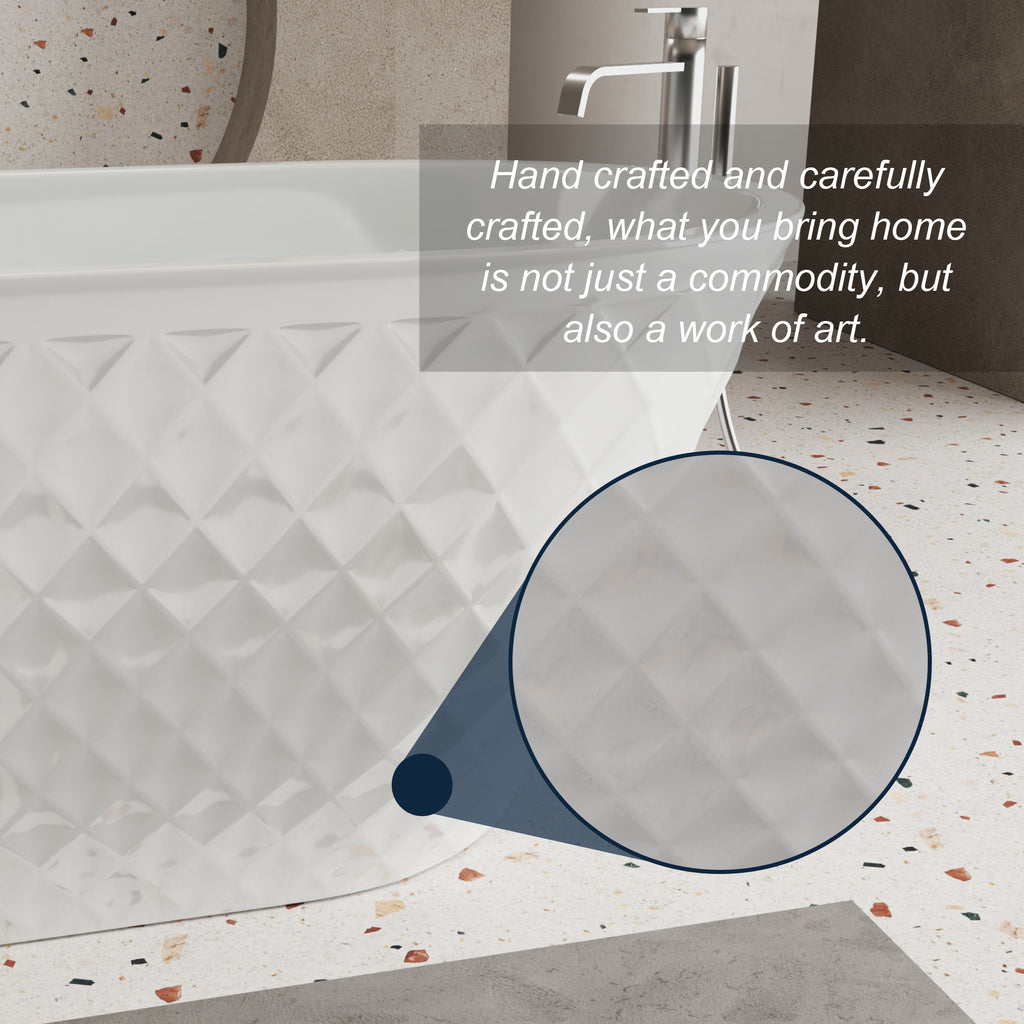 59'' acrylic freestanding bathtub with unique diamond pattern design: spacious oval shape,  Gloss white finish, Chrome overflow and pop-up drain CUPC Certificate