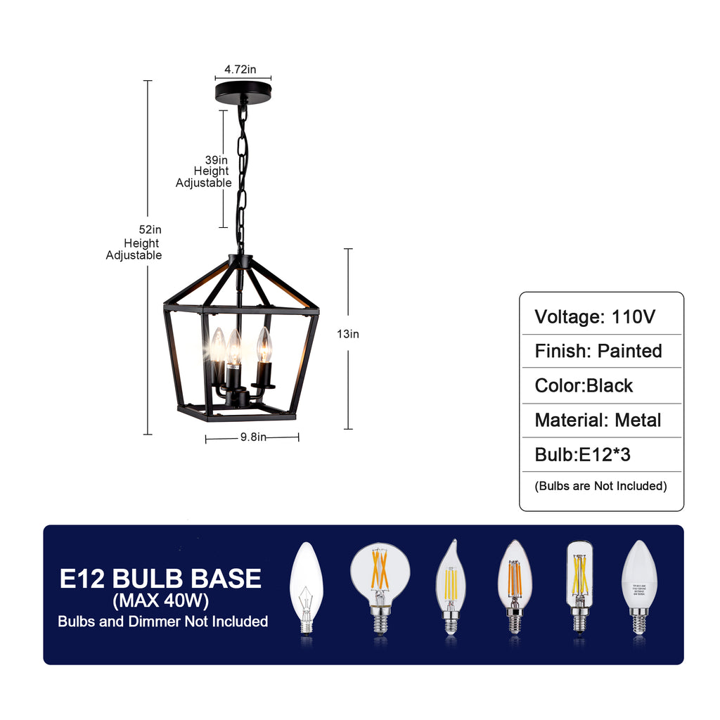 Farmhouse Lantern Chandelier 3-Light, Industrial Black Ceiling Light Fixture with Rustic Open Cage and Adjustable Hanging Height, E12 Base for Kitchen Island, Dining Room, Entryway, Foyer