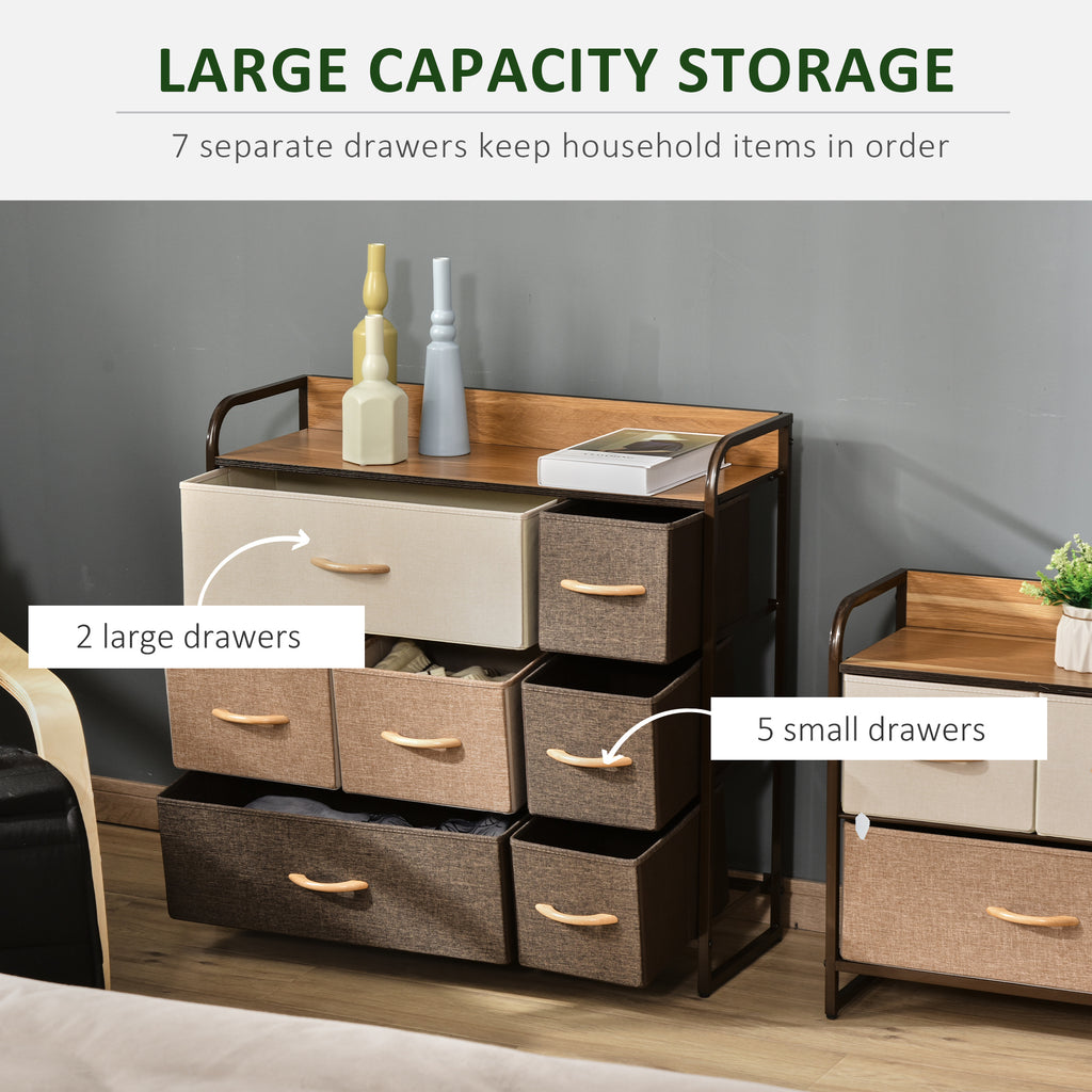 HOMCOM 7-Drawer Dresser, Fabric Drawers, 3-Tier Storage Organizer for Bedroom Entryway, Tower Unit with Steel Frame Wooden Top, Maple Wood
