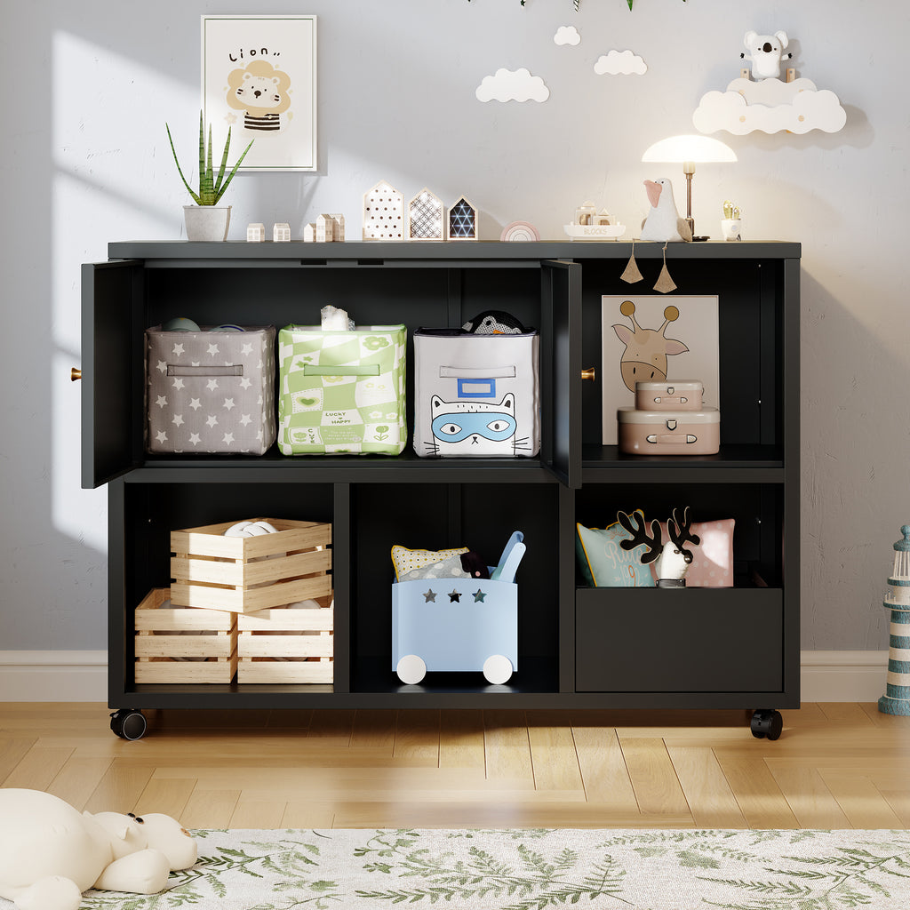 Rolling Toy Storage Cabinet on Wheels - Black Iron Playroom Organizer with Open Cubbies and Closed Cabinets, Sturdy Metal Storage Furniture for Bedroom & Home