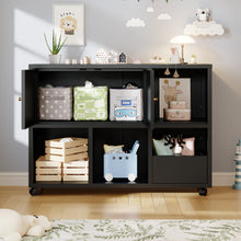 Load image into Gallery viewer, Rolling Toy Storage Cabinet on Wheels - Black Iron Playroom Organizer with Open Cubbies and Closed Cabinets, Sturdy Metal Storage Furniture for Bedroom &amp; Home